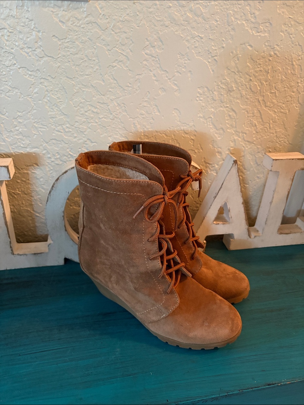 Nautica Tan Suede Lace-Up Wedge Ankle Boots